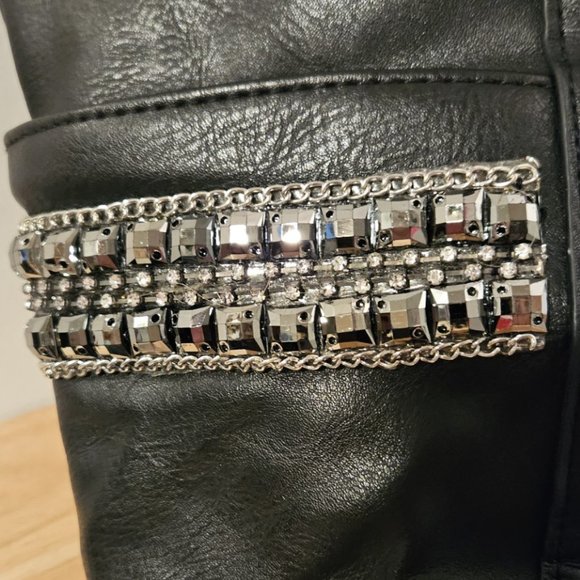 Black Bucket Bag Handbag Silver Hardware Faceted Beads & Chain Side Pockets - Picture 3 of 6